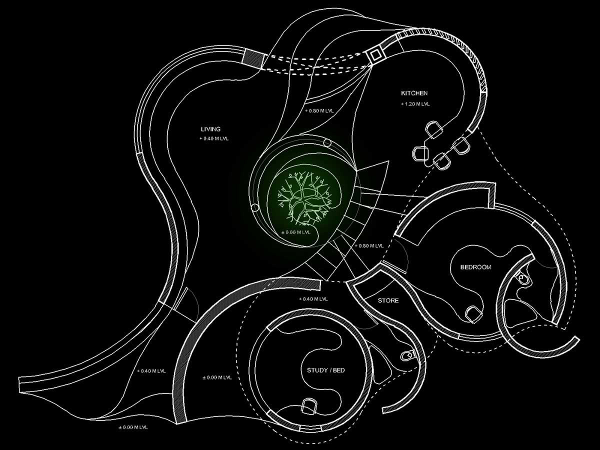PLAN of The Brick House with its spaces enclosed by organic, curved walls. 