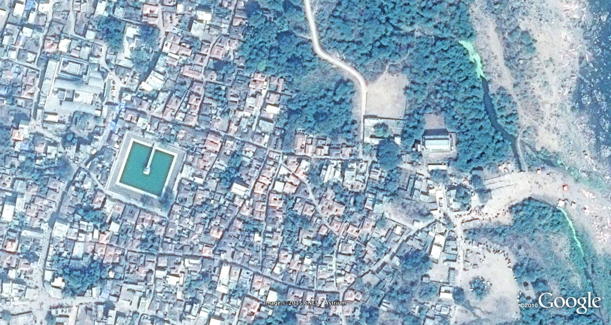 Satellite imagery showing the village fabric and structure of houses.